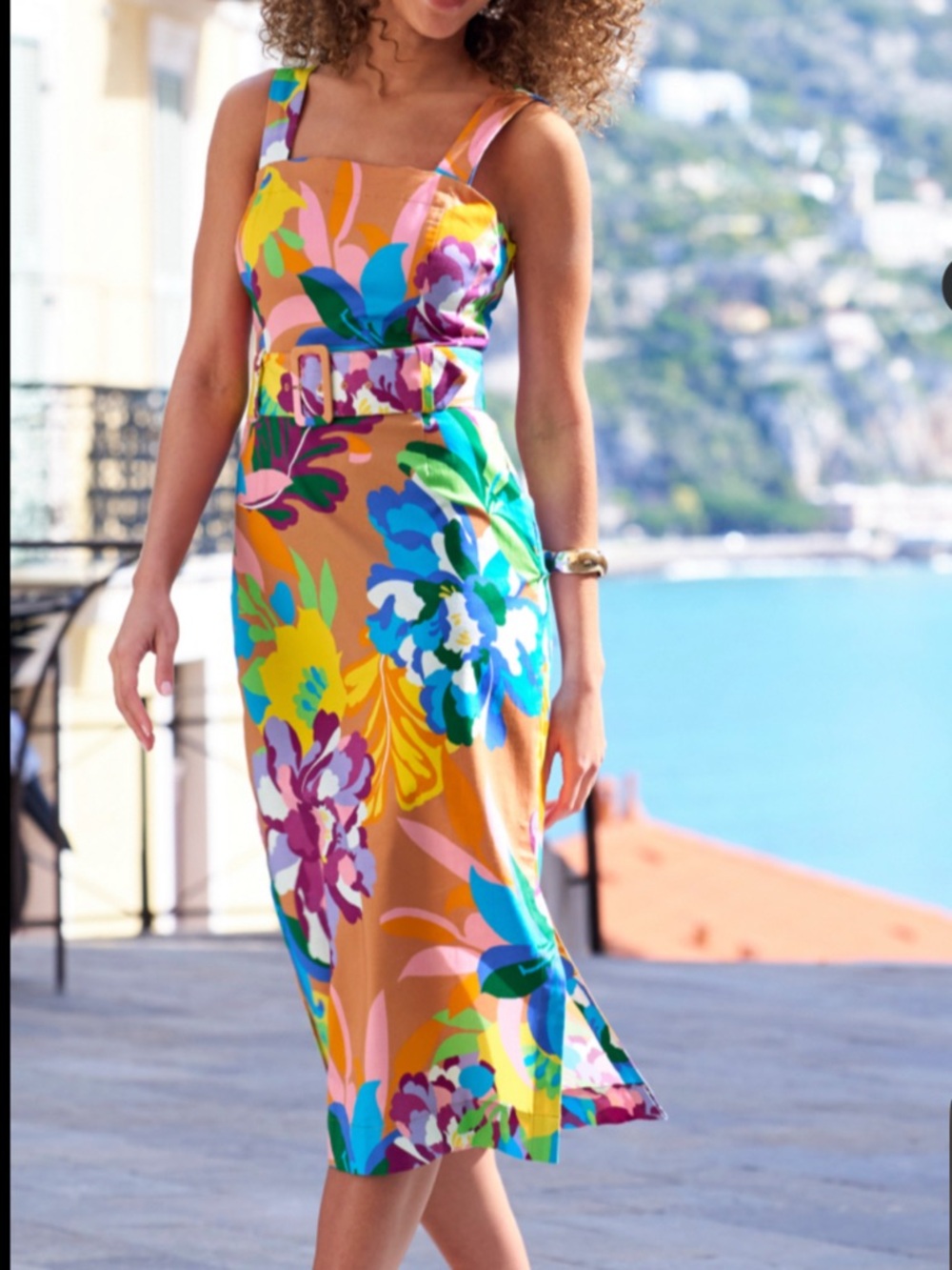 Boston Proper Bright Floral Belted Midi Dress in Tan and Multicolor size 10